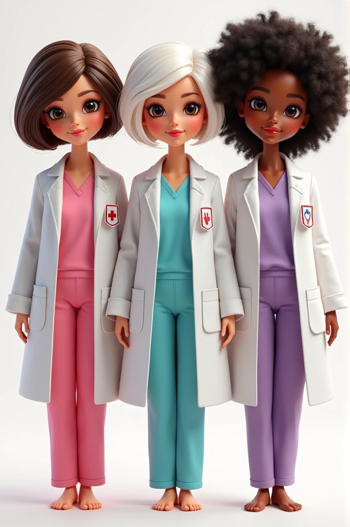 Create 3 Barbie-type caricatures with medical pajamas and a doctor&#39;s coat, one with short brown hair and brown eyes, the other with short white hair and brown eyes, and the other with brunette curly black hair and black eyes. 