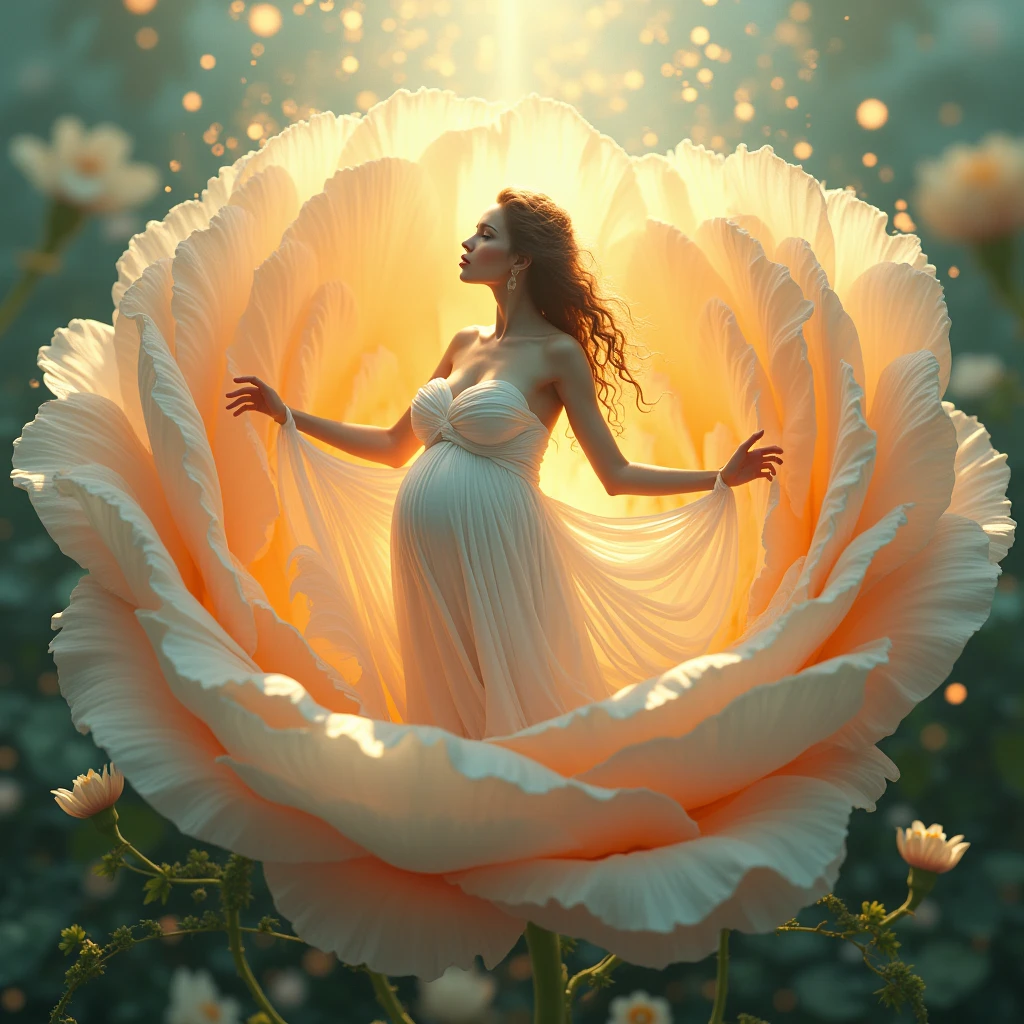 pregnant woman in a white dress standing in a large flower, digital art inspired by Igor Kieryluk, trending on cg society, digital art, maternal photography 4 k, perky woman made of petals, pregnant belly, stunning elegant pose, flower goddess, lady with glowing flowers dress, maternity feeling, dressed in a flower dress, photo manipulation, beautiful and graceful, pregnant