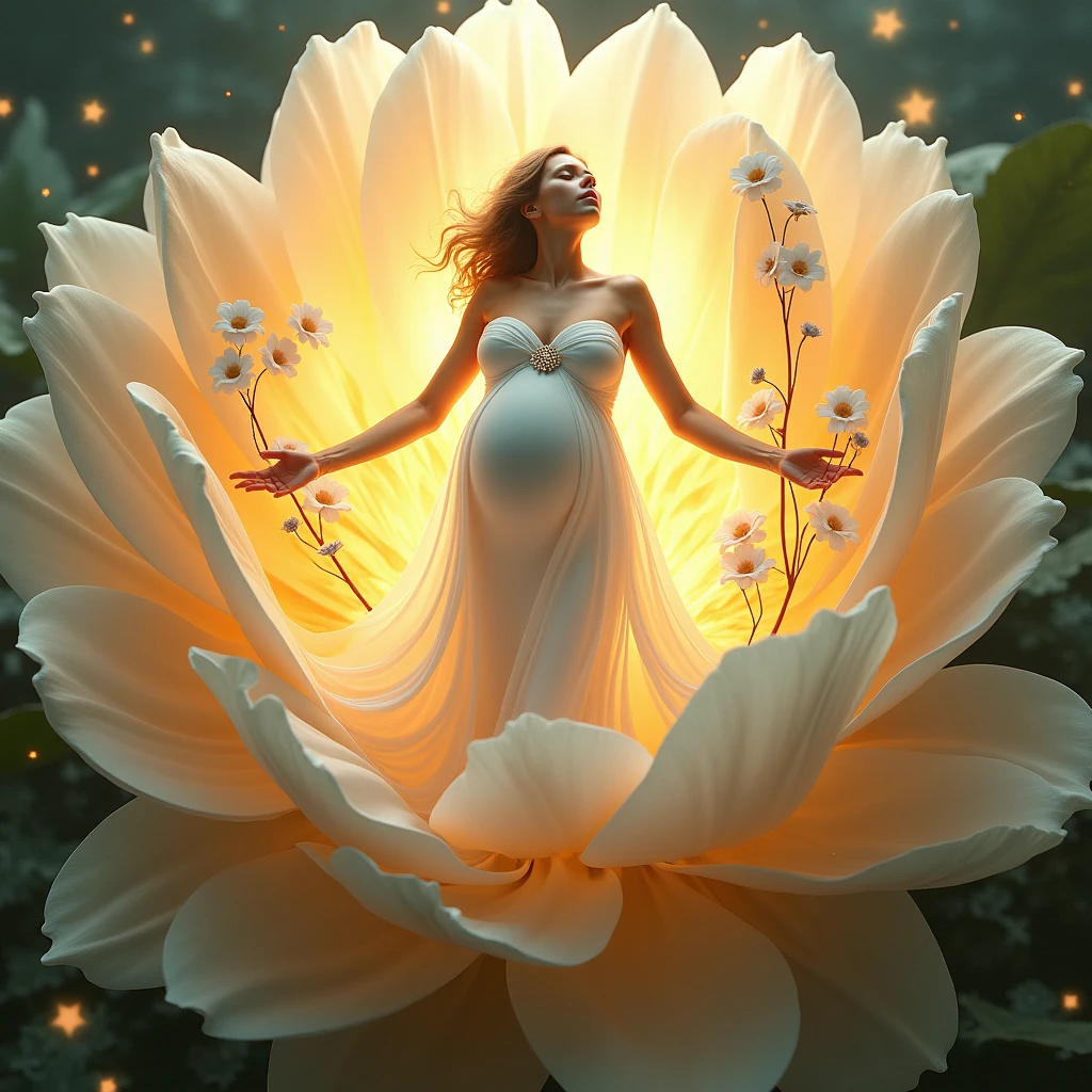 pregnant woman in a white dress standing in a large flower, digital art inspired by Igor Kieryluk, trending on cg society, digital art, maternal photography 4 k, perky woman made of petals, pregnant belly, stunning elegant pose, flower goddess, lady with glowing flowers dress, maternity feeling, dressed in a flower dress, photo manipulation, beautiful and graceful, pregnant