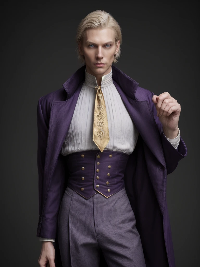 Pale and tall man, Appears to be 30-3. With light blond hair with a golden tint, Thin gray-blue eyes with dark purple eyeshadow and noticeably high cheekbones. His clothes are in Victorian style, old, Long dark burgundy jacket with lavender lining and gold pins on the folded cuffs. Under his jacket he has a purple vest over a white ruffled shirt, Wearing classic purple trousers, In dark blue knee-high boots and gloves of the same color.
