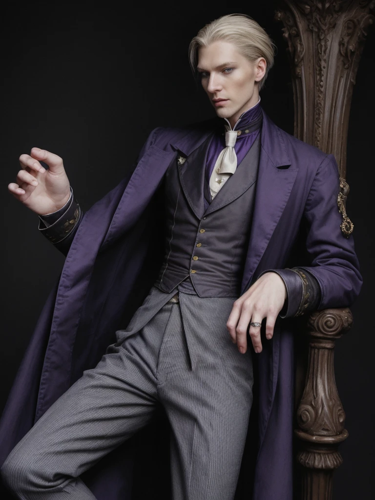 Pale and tall man, Appears to be 30-3. With light blond hair with a golden tint, Thin gray-blue eyes with dark purple eyeshadow and noticeably high cheekbones. His clothes are in Victorian style, old, Long dark burgundy jacket with lavender lining and gold pins on the folded cuffs. Under his jacket he has a purple vest over a white ruffled shirt, Wearing classic purple trousers, In dark blue knee-high boots and gloves of the same color.
