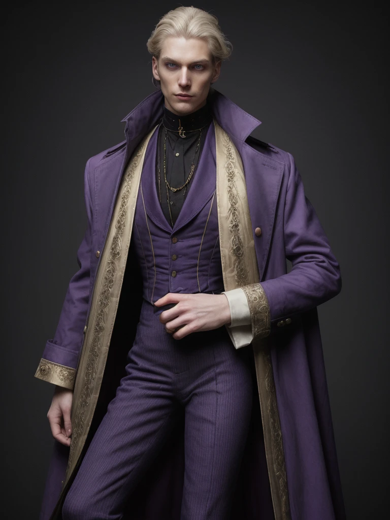 Pale and tall man, Appears to be 30-3. With light blond hair with a golden tint, Thin gray-blue eyes with dark purple eyeshadow and noticeably high cheekbones. His clothes are in Victorian style, old, Long dark burgundy jacket with lavender lining and gold pins on the folded cuffs. Under his jacket he has a purple vest over a white ruffled shirt, Wearing classic purple trousers, In dark blue knee-high boots and gloves of the same color.
