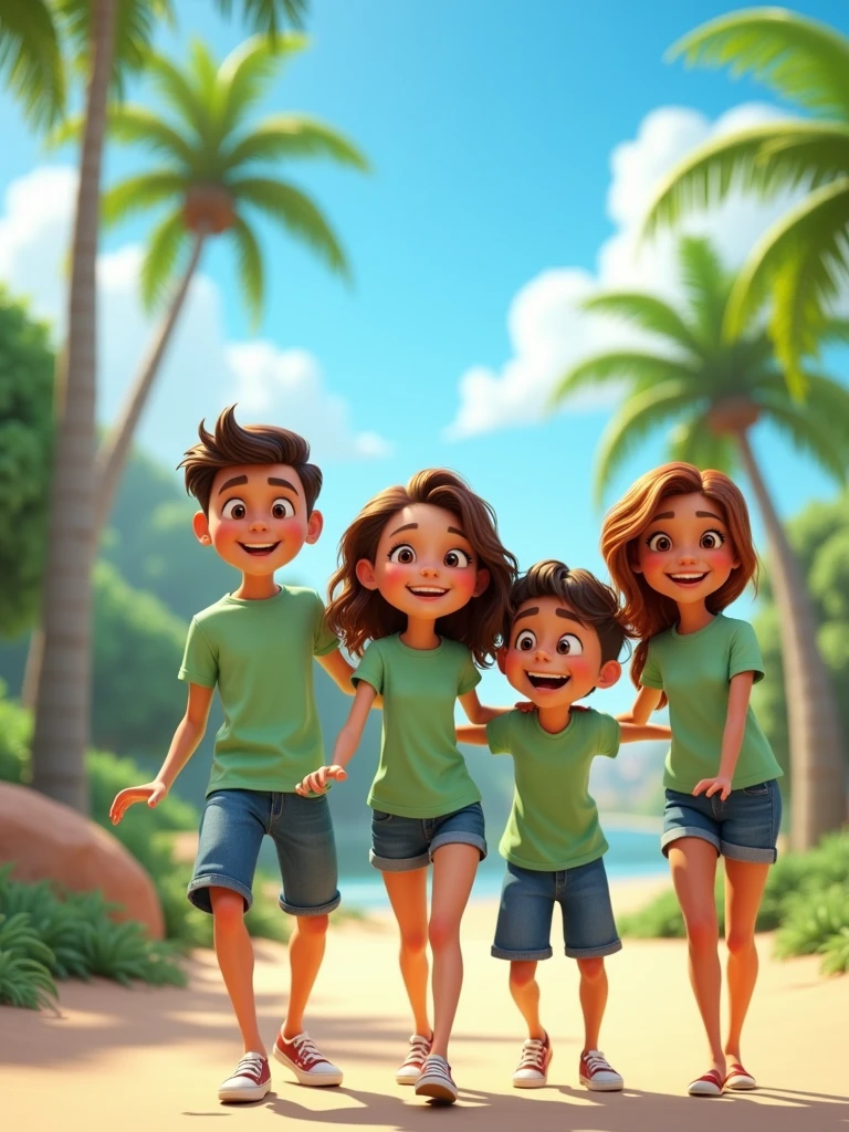 Cartoon of friends having fun on vacation together,  3D animation film poster, Poster de animated film, pixar 3d animation style, pixar renderman render, maya 8 k, animated film, Disney Pixar Style 3D, happy lovers go out together, all wearing light green clothes and jean shorts, light green shirt, dark blue shorts outdoors, vacation, Disney Pixar animation poster