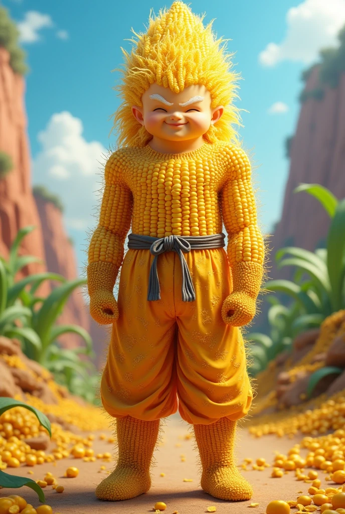 I want a photo of an animated corn dressed as Goku phase 3, but the face has to be made of corn all over its body.