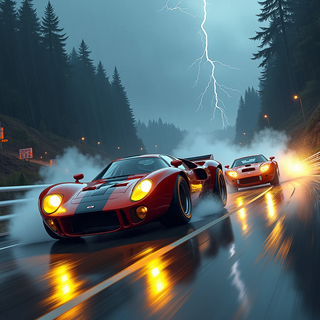 Racing cars in a high speed street race (best qualityer,4K,8k,high resolution,work of art:1.2),ultra detali, ((a custom car)), ((Street Runner)), ((a beautiful painting)), ((fully detailed)), illustration, bright coloured, GTR Nismo racing with an NSX,  Adrift, going fast, natta, bright yellow headlights,defining the mountain roads of Oregon in the USA, No text on the signs, Late natta time, Set in a rain storm with lightning,1 car.,naturey, model shooting style, Fast-acting style, Swerving sideways into a curve, Red and black cars, 
