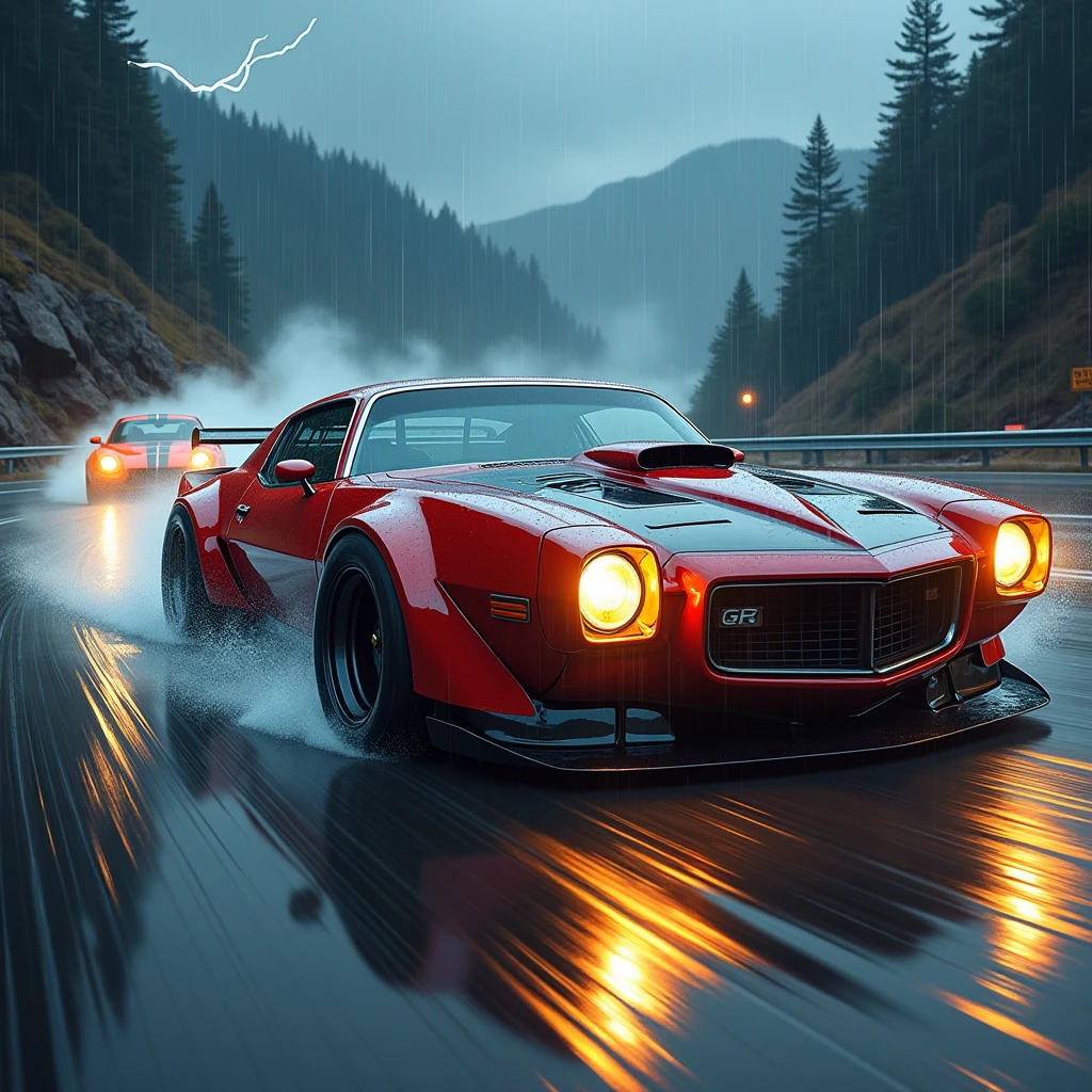 Racing cars in a high speed street race (best qualityer,4K,8k,high resolution,work of art:1.2),ultra detali, ((a custom car)), ((Street Runner)), ((a beautiful painting)), ((fully detailed)), illustration, bright coloured, GTR Nismo racing with an NSX, Adrift, going fast, natta, bright yellow headlights,defining the mountain roads of Oregon in the USA, No text on the signs, Late natta time, Set in a rain storm with lightning,1 car.,naturey, model shooting style, Fast-acting style, Swerving sideways into a curve, Red and black cars,