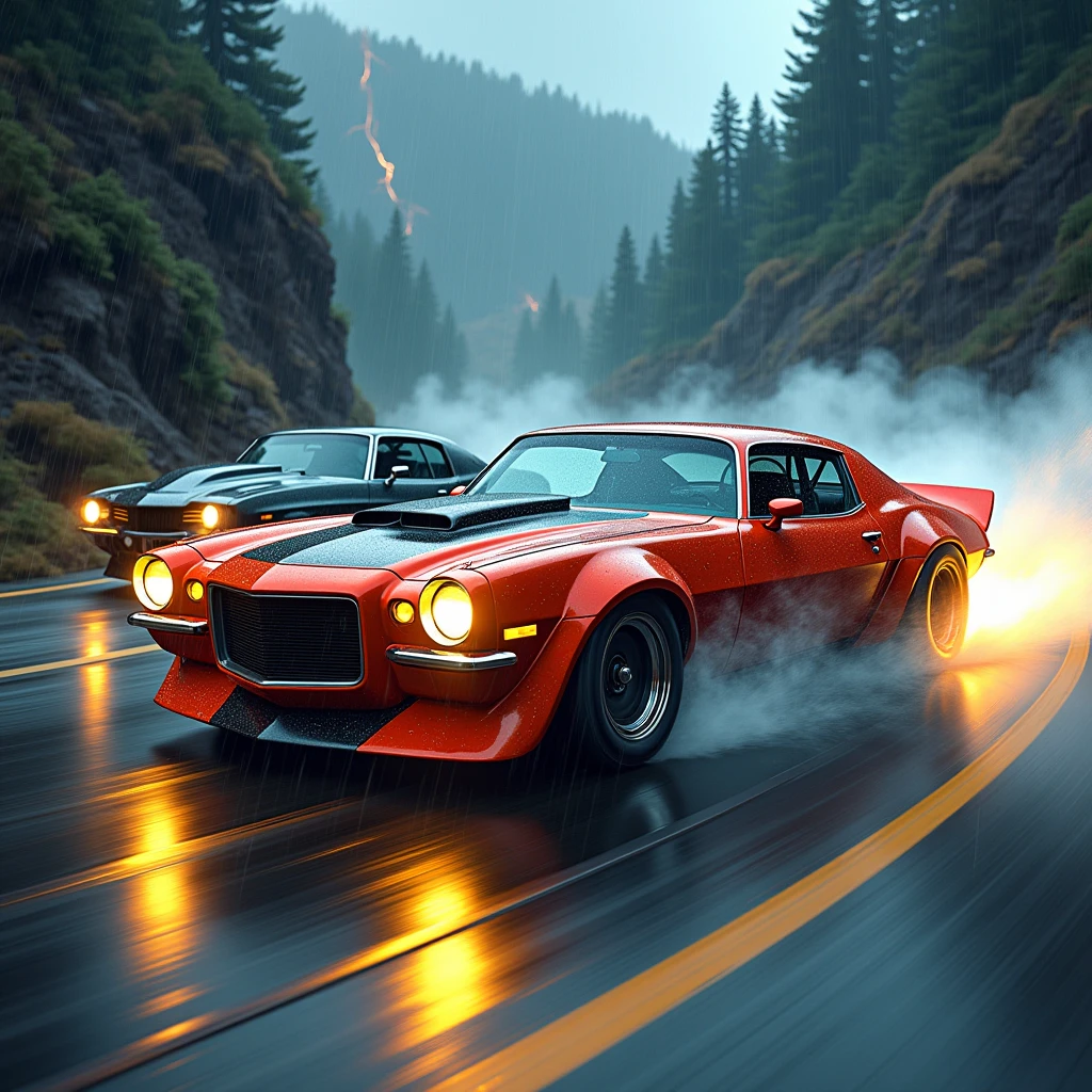 Racing cars in a high speed street race (best qualityer,4K,8k,high resolution,work of art:1.2),ultra detali, ((a custom car)), ((Street Runner)), ((a beautiful painting)), ((fully detailed)), illustration, bright coloured, GTR Nismo racing with an NSX,  Adrift, going fast, natta, bright yellow headlights,defining the mountain roads of Oregon in the USA, No text on the signs, Late natta time, Set in a rain storm with lightning,1 car.,naturey, model shooting style, Fast-acting style, Swerving sideways into a curve, Red and black cars, 