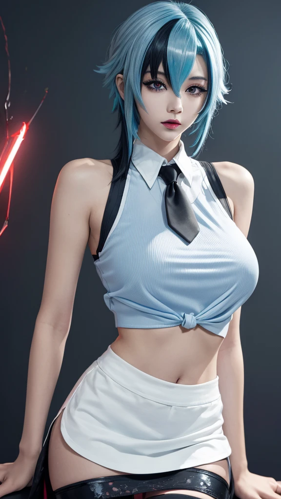 miku outfit,sleeveless shirt, grey shirt, detached sleeves, necktie, arm tattoo, skirt, thighhighs, thigh boots, masterpiece, best quality, 8k, Detailed skin texture, Detailed fabric texture, beautifull detailed face, intricate details, Super detailed, Portrait of Rei Ayanami, blue hair, blue eyes, wear glasses，head tilt,（masterpiece，Best quality，high resolution），Color Background，Acrylic paint，（（Splash of Color，Ink splatter，Splash of Color）），Sweet Chinese girl，Thin waist，Navel，Huge ，Short curly hair，Straight Hair，White hair，Black Hair，Colorful Hair，Eyeliner，Glowing red eyes, Red X pupil，，flash，Peach Lips，White shirt，front，Upper Body