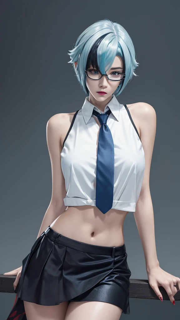 miku outfit,sleeveless shirt, grey shirt, detached sleeves, necktie, arm tattoo, skirt, thighhighs, thigh boots, masterpiece, best quality, 8k, Detailed skin texture, Detailed fabric texture, beautifull detailed face, intricate details, Super detailed, Portrait of Rei Ayanami, blue hair, blue eyes, wear glasses,head tilt,(masterpiece,Best quality,high resolution),Color Background,Acrylic paint,((Splash of Color,Ink splatter,Splash of Color)),Sweet Chinese girl,Thin waist,Navel,Huge ,Short curly hair,Straight Hair,White hair,Black Hair,Colorful Hair,Eyeliner,Glowing red eyes, Red X pupil,,flash,Peach Lips,White shirt,front,Upper Body