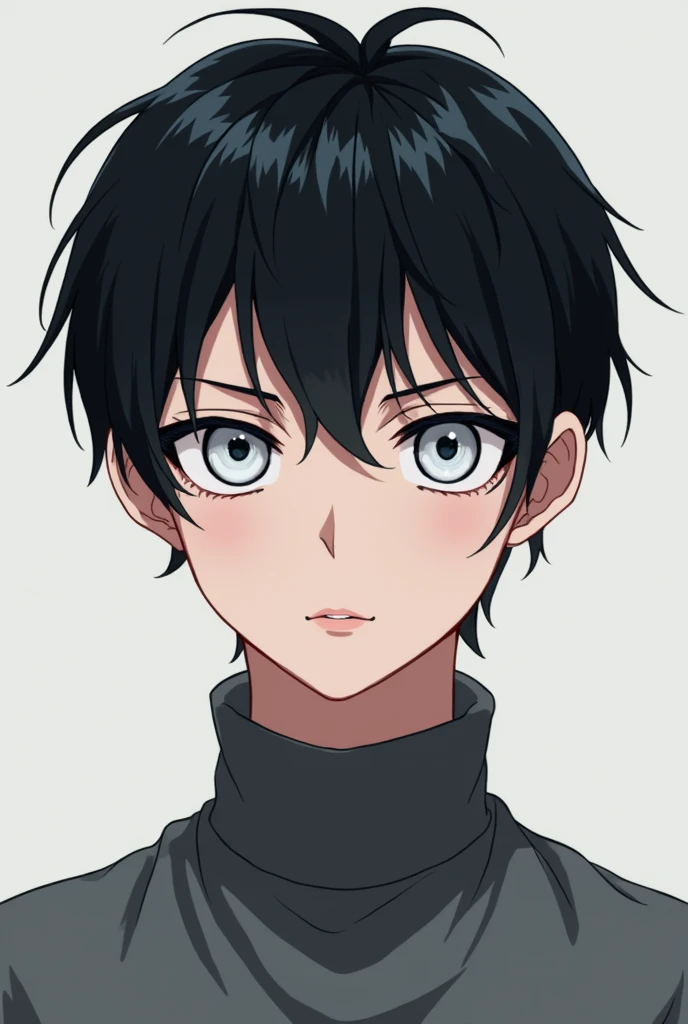 Young man, , 1,79 tall, 78 kilos, short black hair, Caucasian skin, plain clothes and white eyes with black pupils, anime styling
