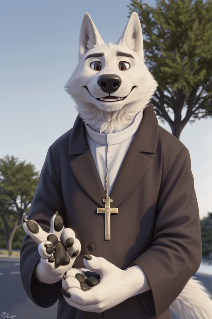 Father Harry, \(Zootopia\), (white body:1.3), White fur, Brown eyes, Zootopia,dressed, Catholic priest, cassock,a stiff white collar with a shirt front sewn onto it, gold chain, cross,Headdress, pileolus, white square,On the neck,canine, wolf, detailed fur, Male, second, paw pads, finger claws,holds,font,for the baptism of a child,at viewer, 5 fingers, paws, 4 toes,smile good mood,
BREAK from nextel, for dating, by xenoforge, (difficult, high detail, film photography, soft focus, Explicit cinema in RAW format,stays at home,
photorealism, realistic, photorealistic, analog style, subsurface scattering,
masterpiece, Best quality, ultra realistic, 8 thousand.)
