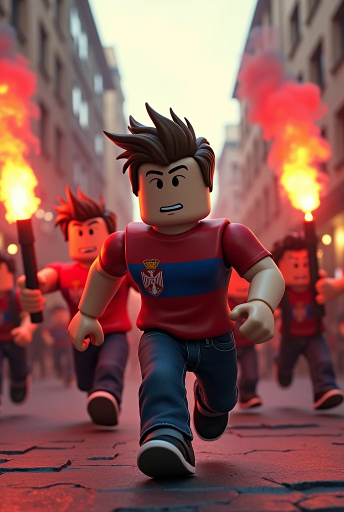 Roblox hooligans with serious faces runjing on Street with flares and the leader with a Serbian flag on shirt