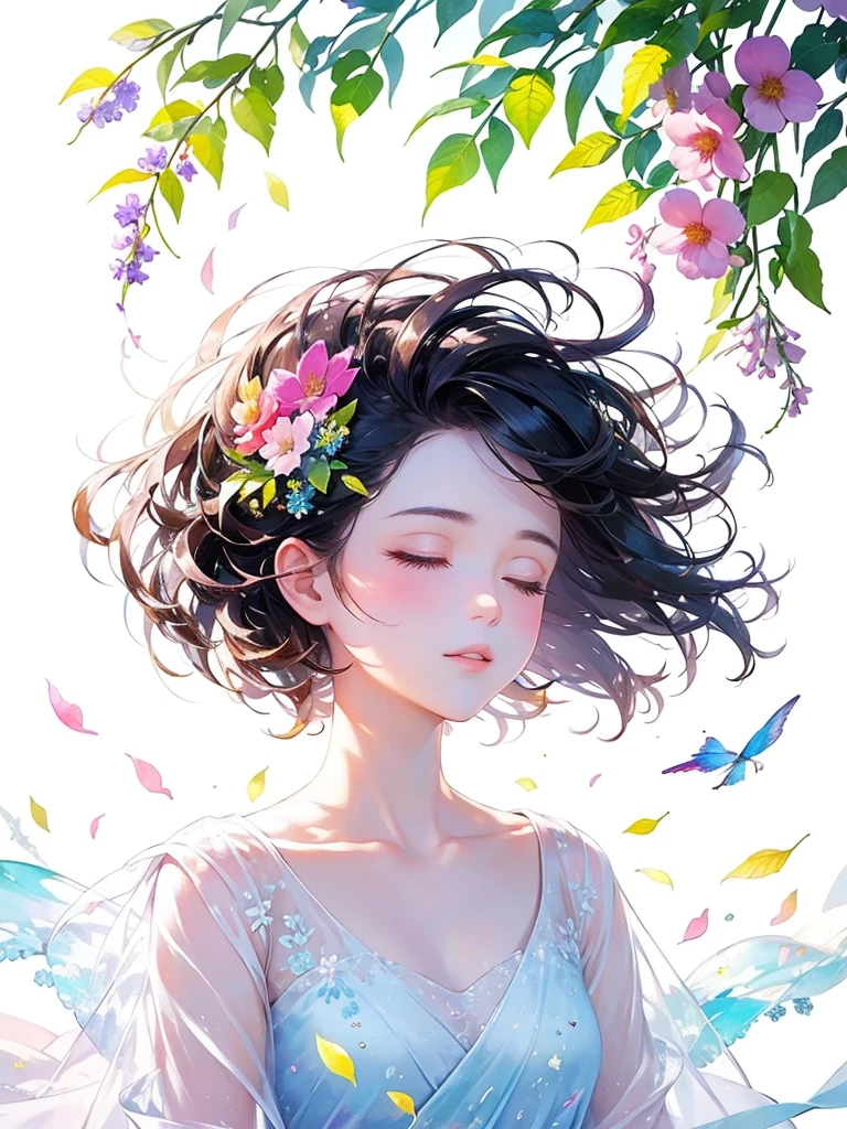 (masterpiece、Highest quality、Highest quality、Beautiful and beautiful:1.2)、Excellent anatomy、(Watercolor painting 1.5)、Long Shot、straight short hair images、Trendy Hair Color, Beautiful Face、Beautiful profile, Looking up to the sky, I close my eyes and pray, Fairy, 蝶のFairyのコスチューム、Pure white、Pure、charm, Colorful flowers of different colors, Flower and leaf wind、Botanical Art,