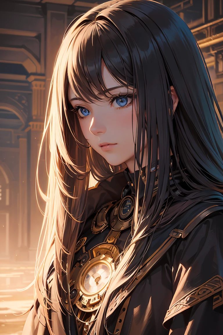 8K quality:1.2,One person,A sense of depth,Confused,Capture the light,Very beautiful illustration,Straight long hair,Beautiful Face,Detailed face,Super beautiful woman,steampunk,Adventurer.Covered in infinite gears,vapor,Near future,sf,pipe,vapor町,Rebar