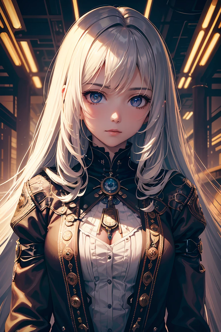 8K quality:1.2,One person,A sense of depth,Confused,Capture the light,Very beautiful illustration,Straight long hair,Beautiful Face,Detailed face,Super beautiful woman,steampunk,Adventurer.Covered in infinite gears,vapor,Near future,sf,pipe,vapor町,Rebar