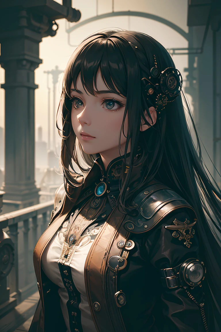 (steampunc)、(absurderes、large resolution、ultra detali)、1womanl、matural female、longwavy hair、Split color hair、heterochromia iridis、bangss、manga comprida、finely eye and detailed face、highly detailed CG unit 8k wallpaper、intricate-detail、(Style Last Magic:0.8)、(medieval cyborg:0.8)、portraitures、(bloody wounds:0.7)、looking at the viewers、独奏、Half Shot、细致背景、Determined representation、 Technomancer Dark Cow、floating lights、Colorful leather vest with gear、tech wear、jetpacks、Workshop in the background、Many pipes、joint、makina、Big gears、steams、Industry、technological、impurity、anvil、buttoning、levers、automaton、electricity、electric sparks epic atmosphere、