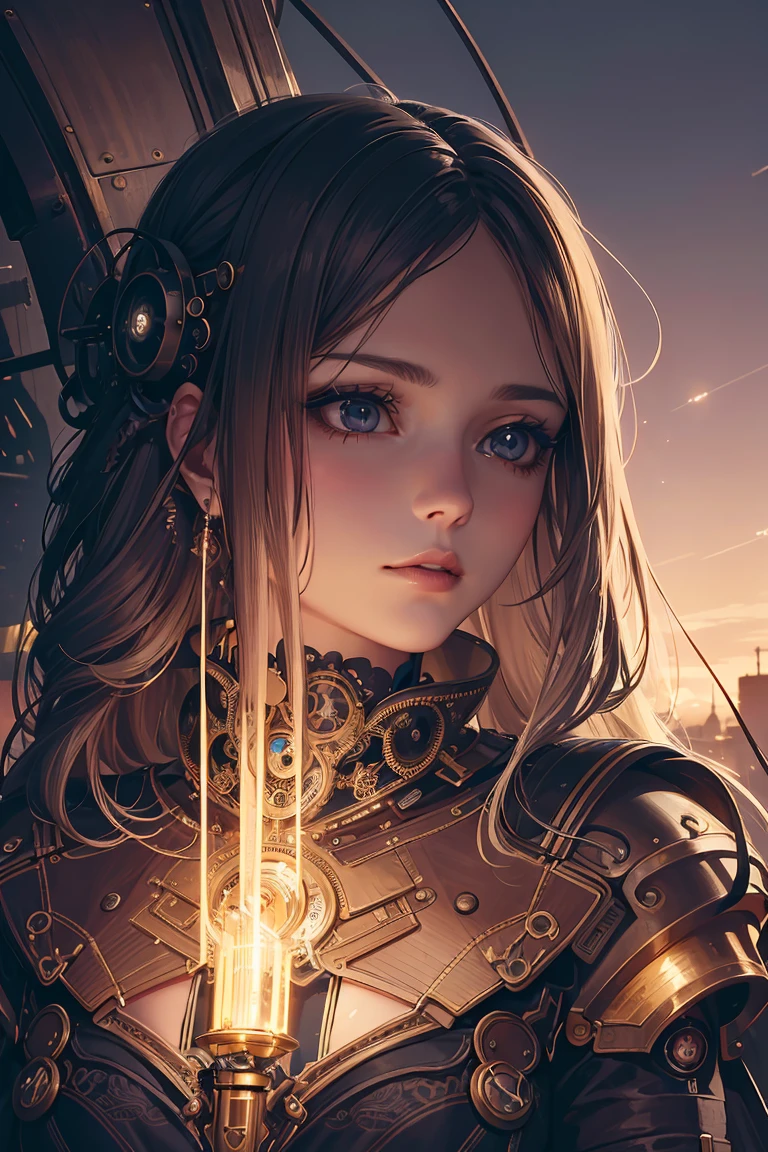 8K quality:1.2,One person,A sense of depth,Confused,Capture the light,Very beautiful illustration,Straight long hair,Beautiful Face,Detailed face,Super beautiful woman,steampunk,Adventurer.Covered in infinite gears,vapor,Near future,sf,pipe,vapor町,Rebar