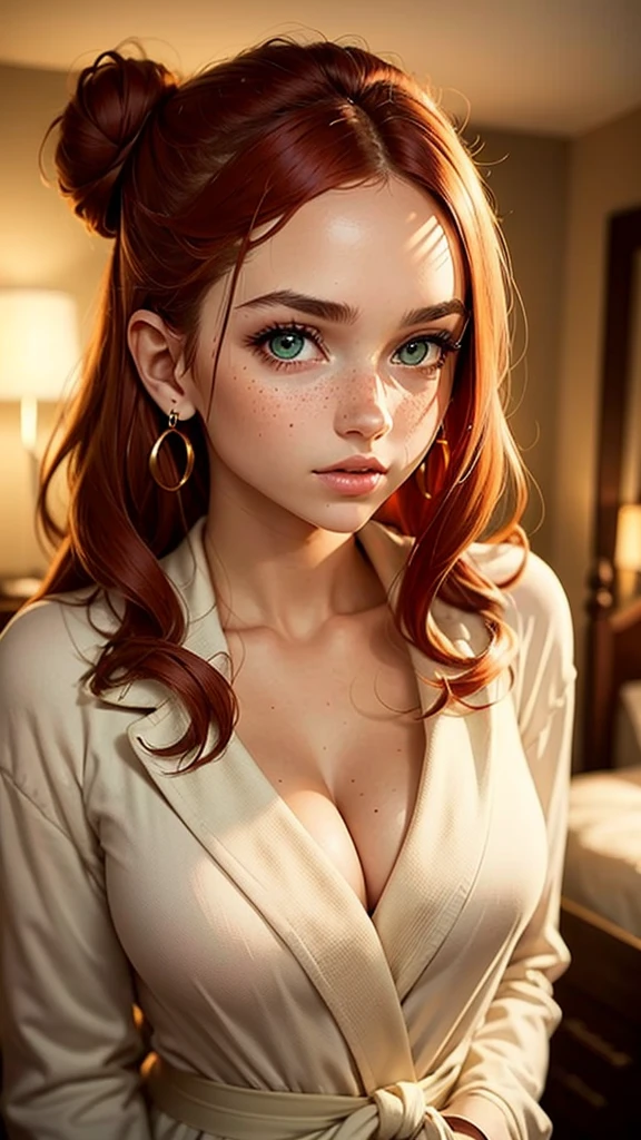 A young lady aged 15 yrs, with long bright red hair, wavy hair, with air bangs, tied up in a bun. She has green eyes. She is in a bedroom. She is wearing a red bathrobe. She has an athletic figure. She is wearing gold earrings. Looking directly into the camera. She has fair skin, freckles, constricted pupils, parted lips, modest bust size, perfect lips, perfect nose, cute face, baby face, Hyperrealism, cinematic lighting, jpeg artifacts, bokeh, textured skin, UHD, best quality, masterpiece, high details, bust chart, close-up view