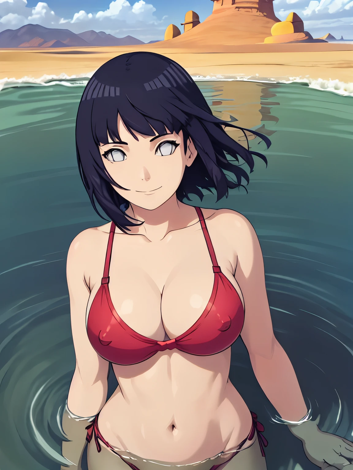 (hinata\(boruto\), (high quality:1.8), upper body:1.5, (curvy body:1.5), (ultra detailed body:1.4), (desert:1.7), (desert:1.7), (anime, tall woman, cowboy shot, ((arm curves:1.0), (defined biceps arms:1.2), (body submerged:1.2), ((red thong, perky nipples, bare arms, bare arms, bare shoulders)), (red bra:1.2), (wide shoulders, off-shoulders), smile), (big breasts:0.9) ,(cleavage:0.8), closed mouth), ((pale skin)). ((dark blue:1.3, short hair, hime cut، loose hair, floating hair, floating hair:1.0),
