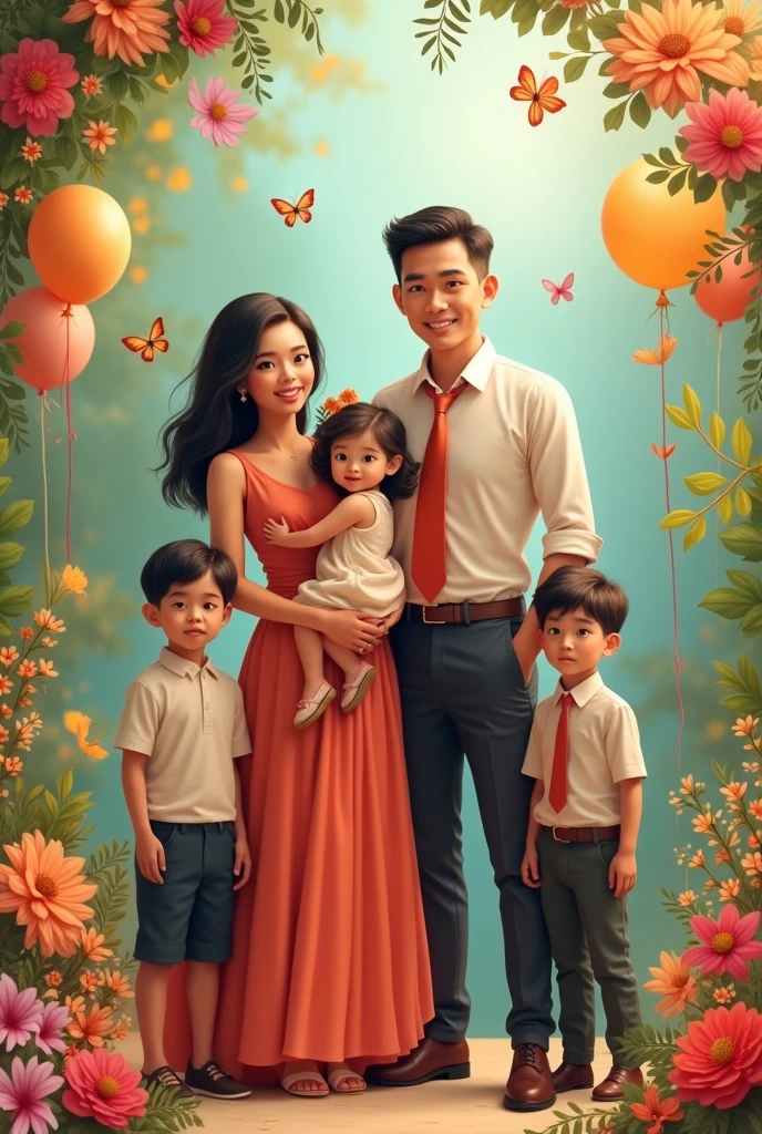 Realistic real Pinoy 6 family pictorial.woman beautiful with dress currying girl .and Man handsome with attire.and girl with dress .and boy with attire.and boy with attire . with flowers baloons butterflies