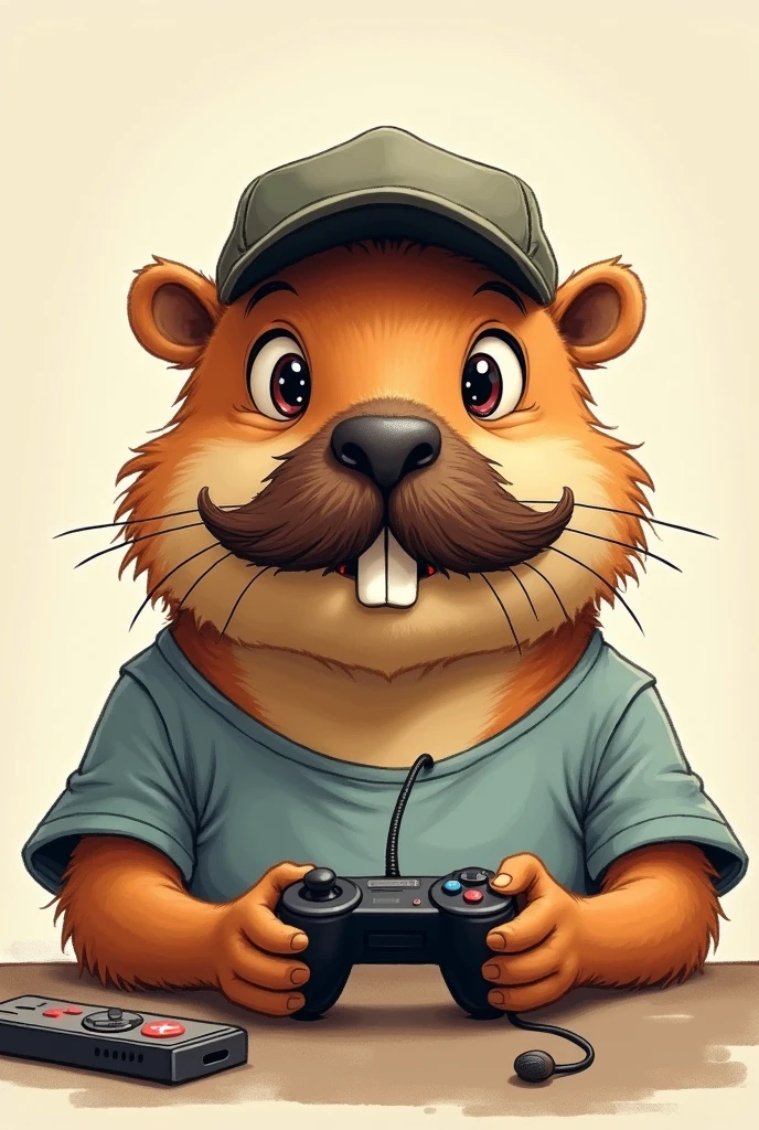 capybara face drawing with mustache playing video game wearing t-shirt and cap