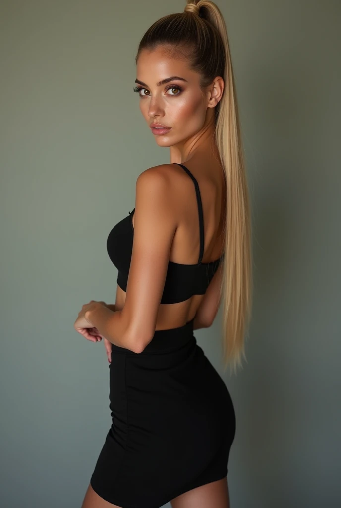 A very realistic and detailed photo of beautiful spanish woman,tight black skirt, perfect makeup, long sleek straight ponytail blonde hair, high quality photo 4k, very detailed, perfect fit, looking at the camera, detailed realistic face, detailed brown eyes, confident,