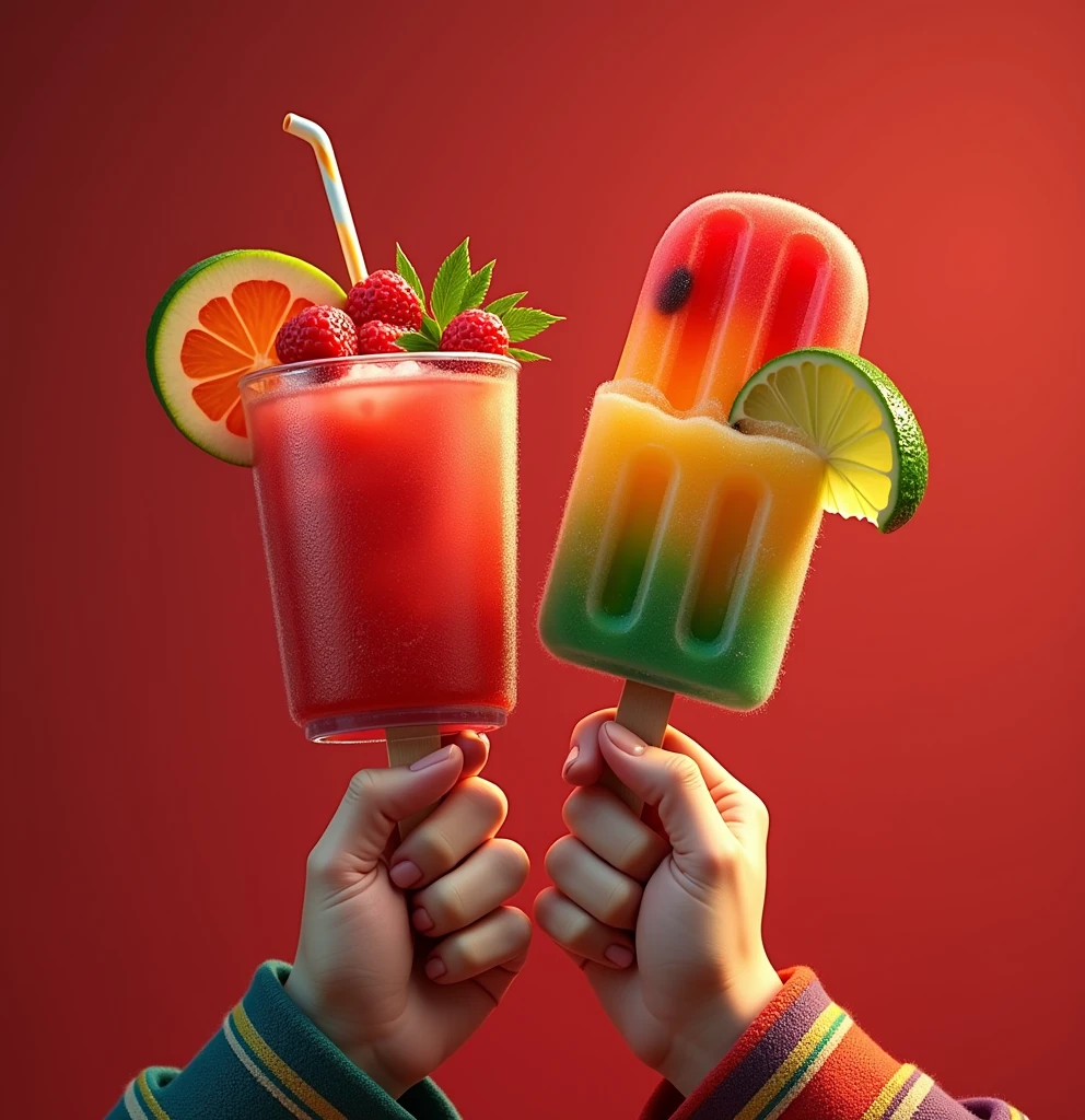 And two hands , one with a Mexican drink and in the other hand a Mexican popsicle