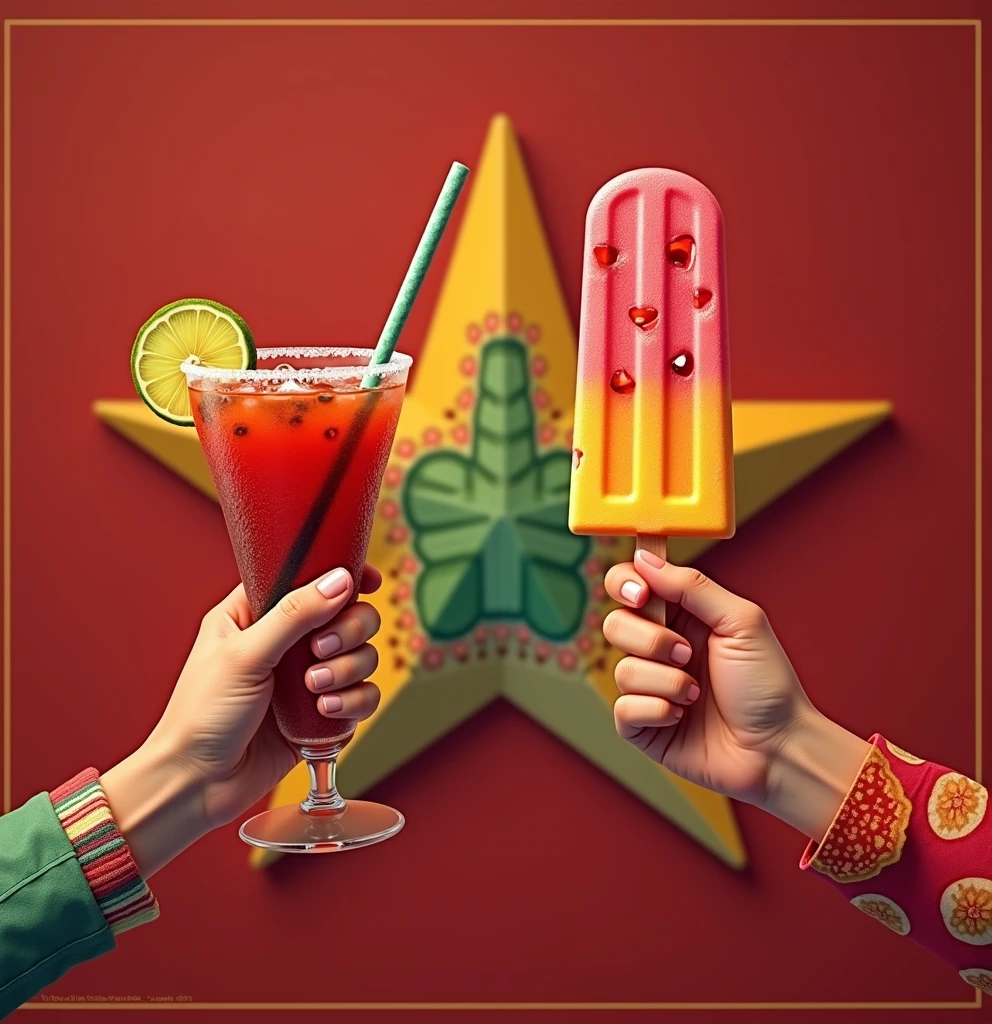 And two hands , one with a Mexican drink and in the other hand a Mexican popsicle 