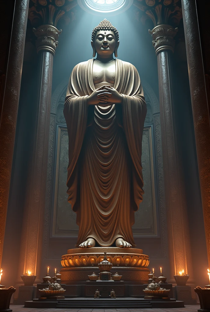 Create a 3D cinematic image of a majestic Buddha statue representing the Tathagata (Suchness) or Buddha of Great Enlightenment. The statue should be depicted in a grand and opulent setting that conveys a sense of supreme divinity and transcendence. Use a dark color palette to enhance the mystical and reverent atmosphere. The background should be rich and detailed, emphasizing the statue's monumental presence and spiritual significance. Include elements such as dramatic lighting and ethereal effects to highlight the Buddha’s exalted, transcendent nature, and create an overall impression of elevation and liberation from worldly attachments.