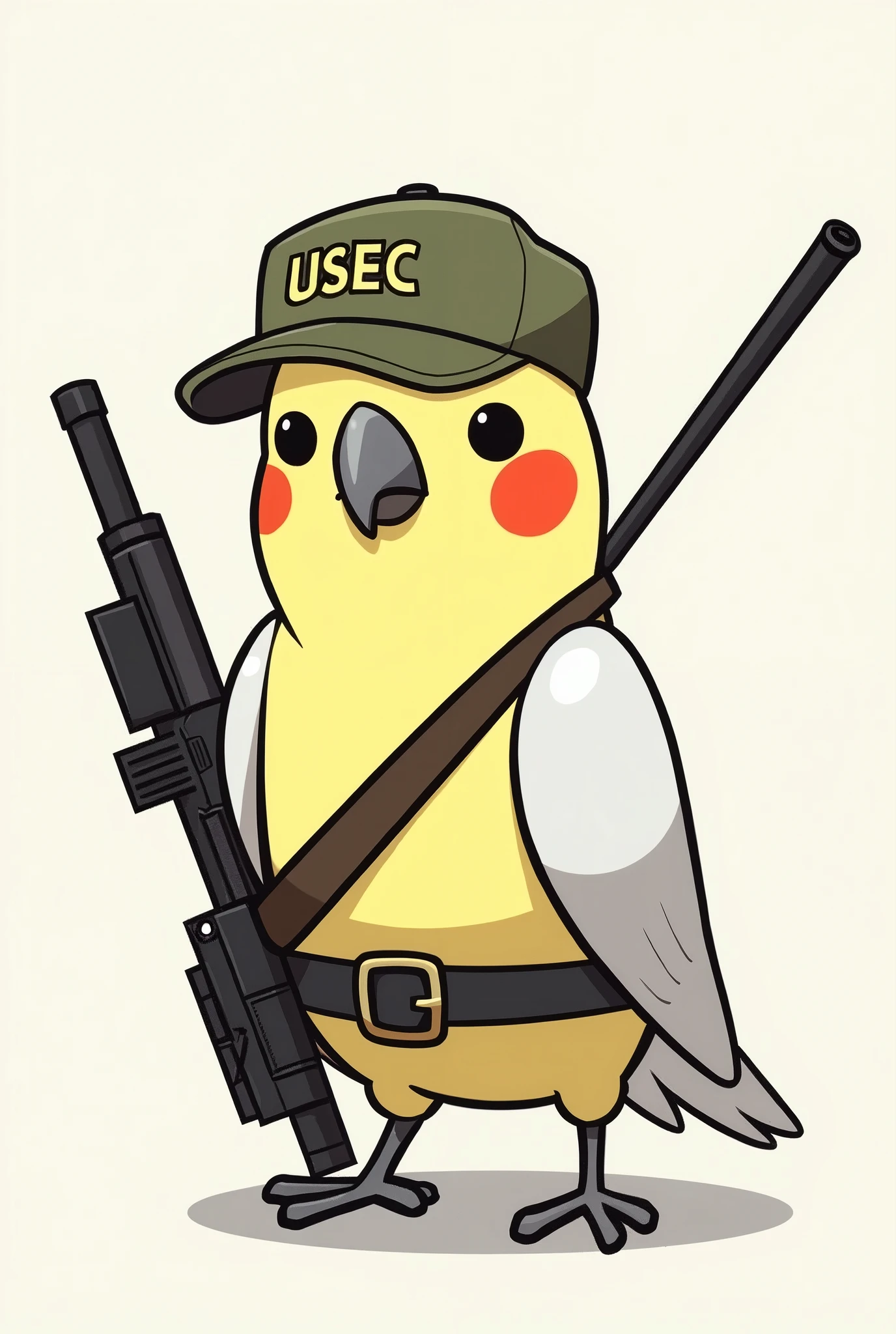 simple drawing, basic and colorful, no shadows or glare, few colors. Cockatiel without reaction or emotion, with a serious expression, using a USEC cap from the game escape from tarkov, with a sniper rifle slung across his back, with a holster and revolver at his waist.
