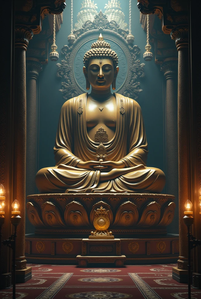 Create a 3D cinematic image of a majestic Buddha statue representing the Tathagata (Suchness) or Buddha of Great Enlightenment. The statue should be depicted in a grand and opulent setting that conveys a sense of supreme divinity and transcendence. Use a dark color palette to enhance the mystical and reverent atmosphere. The background should be rich and detailed, emphasizing the statue's monumental presence and spiritual significance. Include elements such as dramatic lighting and ethereal effects to highlight the Buddha’s exalted, transcendent nature, and create an overall impression of elevation and liberation from worldly attachments.





