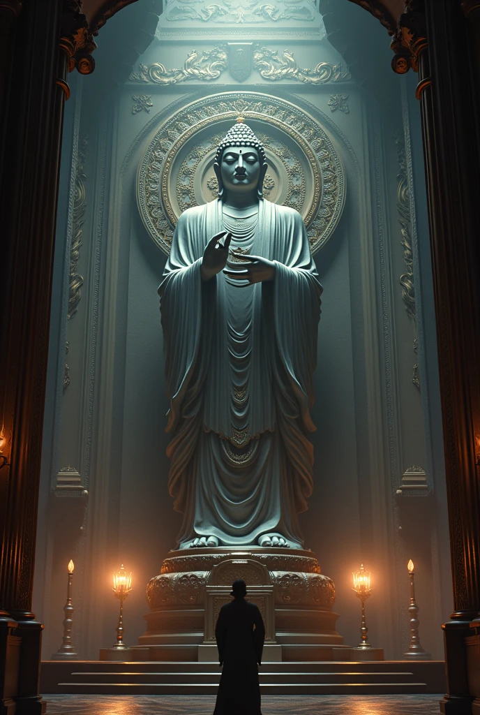 Create a 3D cinematic image of a majestic Buddha statue representing the Tathagata (Suchness) or Buddha of Great Enlightenment. The statue should be depicted in a grand and opulent setting that conveys a sense of supreme divinity and transcendence. Use a dark color palette to enhance the mystical and reverent atmosphere. The background should be rich and detailed, emphasizing the statue's monumental presence and spiritual significance. Include elements such as dramatic lighting and ethereal effects to highlight the Buddha’s exalted, transcendent nature, and create an overall impression of elevation and liberation from worldly attachments.