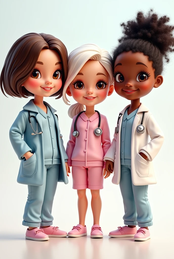 Create 3 Barbie-type caricatures with medical pajamas and a doctor&#39;s coat, one with short brown hair and a medium-chubby body , brown eyes, the other one has short white hair, brown eyes and the other one has dark skin, black curly hair and black eyes 