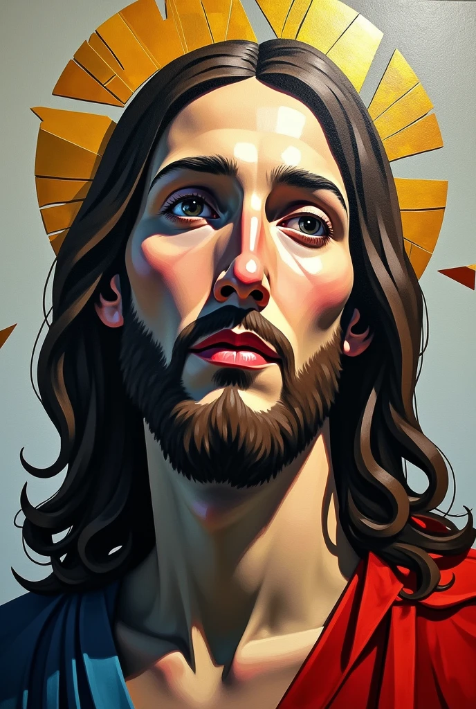 face and shoulder of Jesus Christ in cubist style, Inspired by the works of Pablo Picasso. Hyper-Realism, oil painting on canvas