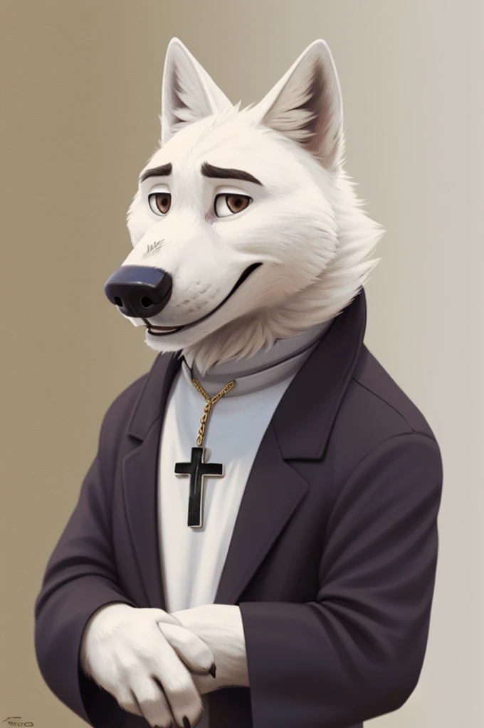 Father Harry, \(Zootopia\), (white body:1.3), White fur, Brown eyes, Zootopia,dressed, Catholic priest, cassock,a stiff white collar with a shirt front sewn onto it, gold chain, cross,Headdress, pileolus, white square,On the neck,canine, wolf, detailed fur, Male, second, paw pads, finger claws,holds,font,for the baptism of a ,at viewer, 5 fingers, paws, 4 toes,smile good mood, 
BREAK from nextel, for dating, by xenoforge, (difficult, high detail, film photography, soft focus, Explicit cinema in RAW format,stays at home, 
photorealism, realistic, photorealistic, analog style, subsurface scattering,
masterpiece, Best quality, ultra realistic, 8 thousand.)