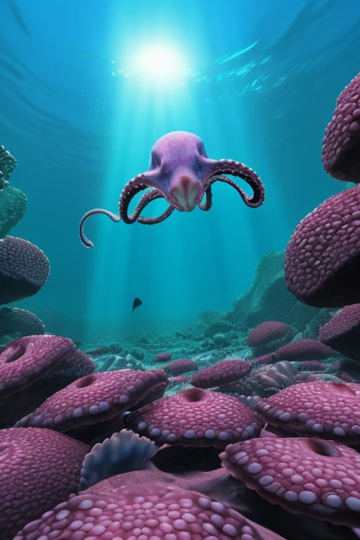 detailed octopus, detailed squid, lively underwater sea creatures, calm and peaceful underwater environment, realistic, 8K, photorealistic, cinematic lighting, stunning colors, masterpiece