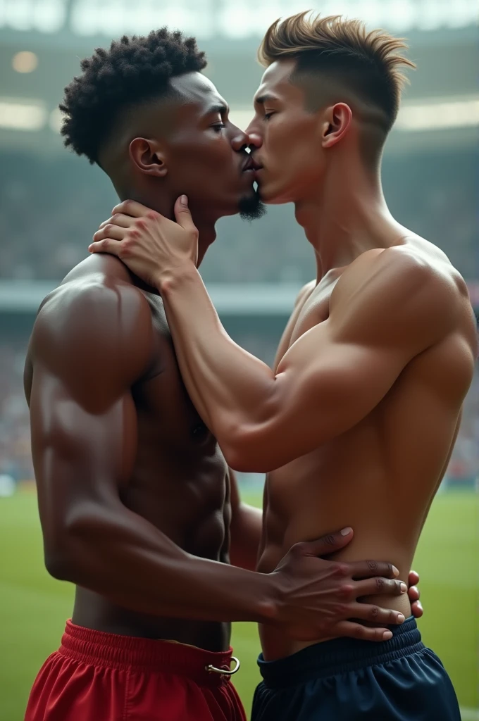 Asian young rugby player A and Asian rugby player B。A has a buzz cut and dark skin、muscular。Wearing sleeveless rugby uniforms。B has short hair and is a muscular jock。A and B kissed after a rugby match.、Touching each other&#39;s crotches first person view, 