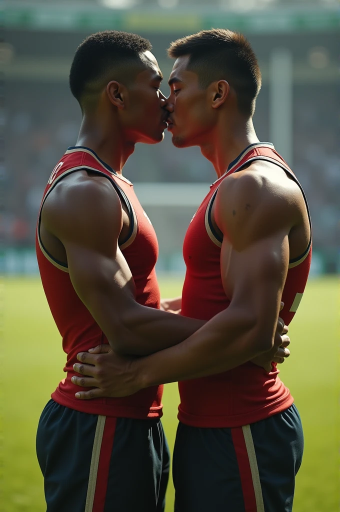 Asian young rugby player A and Asian rugby player B。A has a buzz cut and dark skin、muscular。Wearing sleeveless rugby uniforms。B has short hair and is a muscular jock。A and B kissed after a rugby match.、Touching each other&#39;s crotches first person view, 