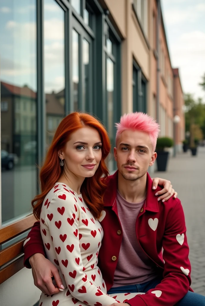 Redhead woman with her boyfriend with pink hair,with hearts clothes,sitting on a bench,looking straight ahead