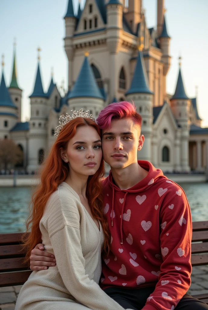 Redhead woman with her boyfriend with pink hair,with hearts clothes,sitting on a bench,looking straight ahead