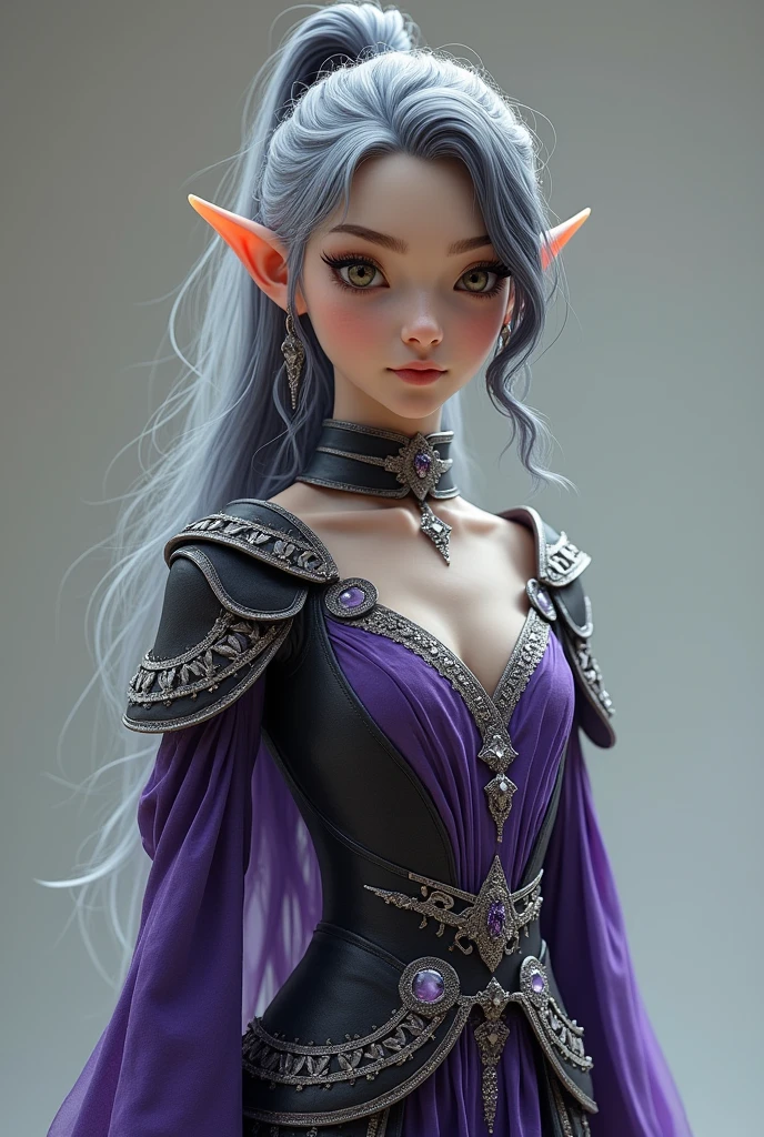 a full body photo, of a young elf healer, with purple clothes, silver and black her clothes are those of an elegant fighter 