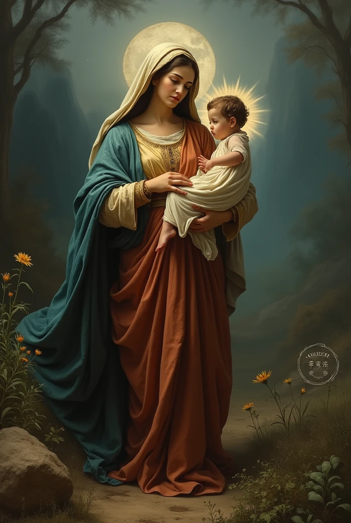 ((Cinematic photo of a beautiful and (((VIRGIN MARY OF CARMEL AND CHIL Jesu. . Art by: JOAQUIN SOROLLA, THE GRECO, WILLIAM ADOLPHE BOUGUEREAU))) in full Colors. full body. Hello poster, Noah Bradley, Luis Royo, Tuomas Korpi, Neil Blevins, screen print, pastel colors, cinematic, elegant, intricate, 8k, trending on artstation, concept art, sharp focus, illustration, hyper), (Beautifully Color Graded), Unparalleled Quality,, Hard Surface Modeling), American Tonalist, Expression of Determination, (Iridescent), CANON-Eos-C300-ƒ4-15mm, Colorful, Surrealist Surprise), Infrared Unseen, (Impressionist Oil Art), Victorian Elegance, Elegant Perfectionism), Beautiful, (Moonlit Shadows) Post-processing, Photographed by a Nikon Z7 II Camera