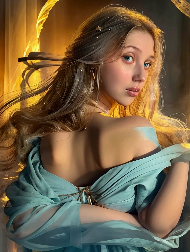 A ethereal, feminine figure with a sorrowful yet regal bearing. Long, flowing golden hair cascades down her back and shoulders. Her skin is pale and luminous, almost translucent. She has large, expressive eyes that shine with a mix of wisdom and melancholy. Ahania wears diaphanous, flowing robes in shades of pale blue and silver that seem to merge with clouds or mist around her. The robes appear almost liquid-like, shifting and swirling as if moved by an unseen breeze. Her face is beautiful but marked by an expression of deep contemplation and a hint of anguish. She may have one hand reaching outward, while the other is pressed to her heart. Surrounding Ahania are subtle symbols of wisdom and sorrow - perhaps a crescent moon, stars, or fragments of scrolls or books floating in the space around her. The background should suggest a liminal space between earth and sky, with swirling clouds and hints of celestial bodies. The overall tone should be dreamlike and surreal, capturing Blake's visionary style and the complex, spiritual nature of Ahania as a representation of wisdom and pleasure separated from the divine.
