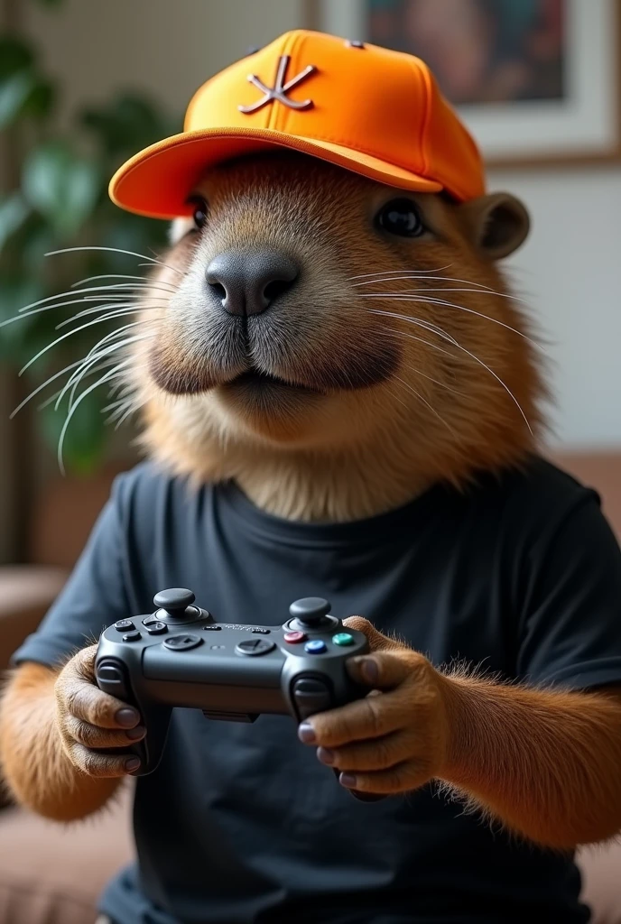 capybara face with mustache playing video game in black t-shirt and orange cap