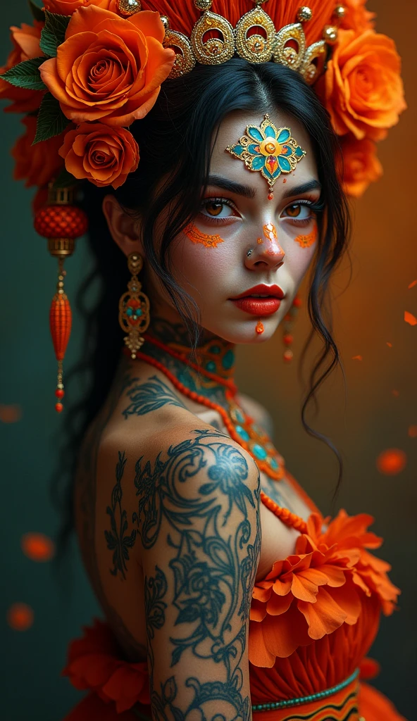 beautiful detailed eyes, beautiful detailed lips, extremely detailed eyes and face, ruby red irises, thick eyebrows, ((full length portrait)), girl with multi-color day of the dead makeup, nude figure, dramatic lighting, dramatic pose, intricate headdress, vibrant colors, cinematic composition, digital painting, hyper detailed, artstation, award winning, nude masterpiece, (wide angle:1.4), (wearing nothing but high heels:1.4), contrapposto stance, mid-stride strutting, whole body tattooed, body jewellery, accurate nipples, defined areola, rosy pink areola, [color orange]