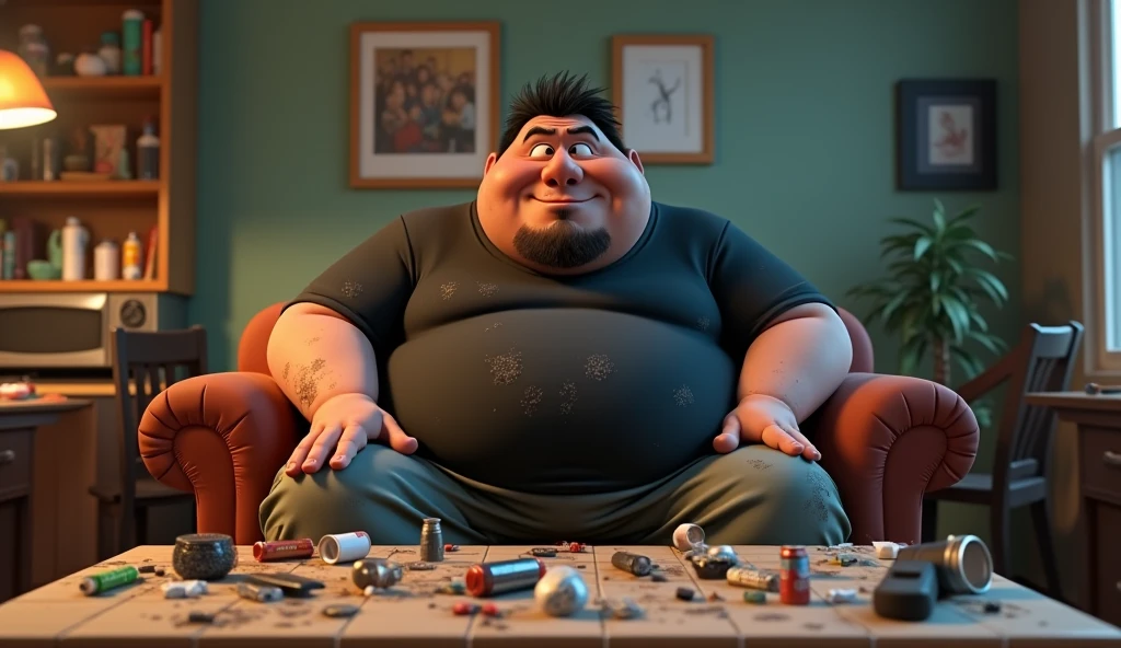 Im Stil von Pixar 3D-Animation filmen (Caricature). An extremely obese 30-year-old on a dirty sofa. He wears sweatpants and a stained black band shirt with sweat stains. The lower jaw protrudes to the overbite, his hair is black and greasy, he has a distinct beard shadow. In front of him a tiled table with waste, Beverage cans and a streaming microphone. The room is very messy and dirty.