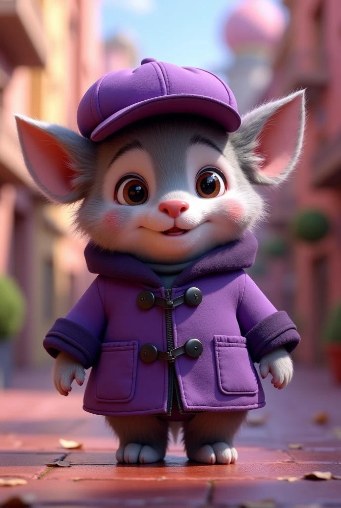 create a pixar style character with a cap, having the clothes with the color palette of the clothes of black and purple ( with the purple varying from a lighter shade to a darker one)