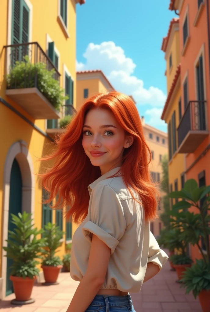 Kizi, 25 again, redheadwear, go up one of the streets of Nice, France, where small two-story buildings are located, mostly yellow, looking back, with a smile, for the spectator