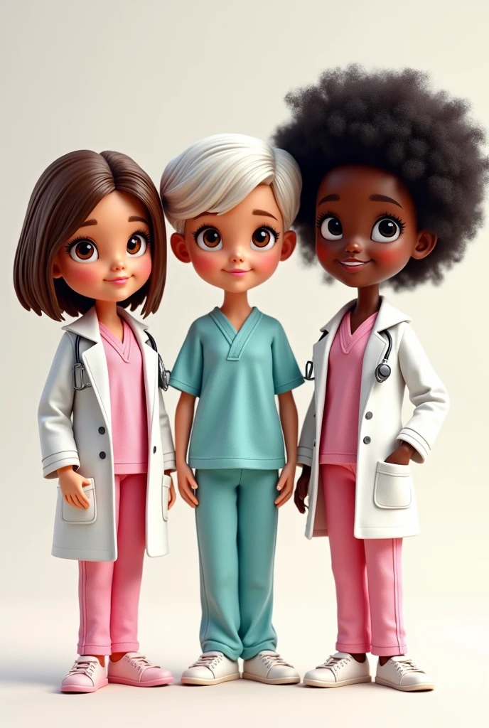Create 3 Barbie-type caricatures with medical pajamas and a doctor's coat, one with short brown hair and a medium-chubby body , brown eyes, the other one has short white hair, brown eyes and the other one has dark skin, black curly hair and black eyes