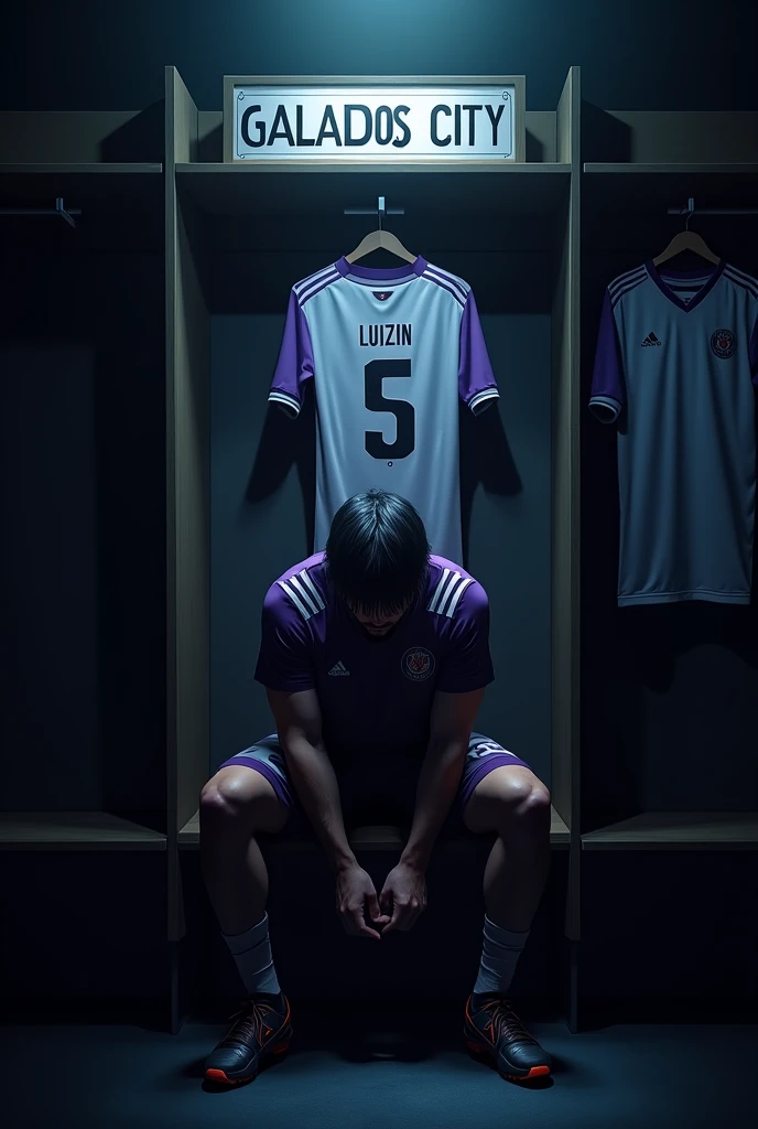Make an image of ONE player tying his boots alone, with lights completely obscuring his face and him with short straight black hair and a beard, the locker room is dark and the spotlights are shining on him and the Galados City team, uniform in white and purple colors and I want you to put a shirt behind and on top of it with the number 5 and the name LUIZIN. Make your surroundings completely dark. LET HIM keep his head completely down and focused, and I just want 1 shirt behind him. put the team name “Galados City” on a sign above the shirt and below the spotlight. let him sit on a bench. put on just 1 shirt and that shirt will be above it, on a coat rack and below the sign “Galados City”. the shirt above him in purple and white